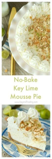 no - bake key lime mousse pie on a blue and white plate