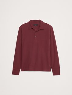 This long-sleeve polo is cut from our organic cotton waffle-knit fabric, crafted in a weight that's suitable for wearing as either a first or second layer.  Standard fit.  Polo collar and button front.  Straight hem.  Standard fit.  Long sleeves.  Hip length.  Model: Size M, 6'2" (188cm). Cherry Jam, Red Cherry, Long Sleeve Polo, Double Knitting, Polo Collar, Waffle Knit, Hip Length, Banana Republic, Knit Fabric