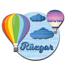 a wooden sign with hot air balloons and the word rizzar written in blue