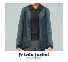 a woman wearing a blue jacket and black shirt with the words friedejacket on it