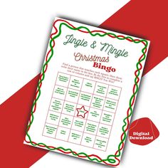 a christmas bingo game with the words jingle and more on it, next to a red and green striped background