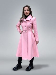 "Fit and Flare Coat, Pink Coat Women, Double-Breasted Coat I took a classic long cashmere wool women's coat design and turned it into a gorgeous princess silhouette dress coat that will impress even the strictest of critics. This handmade fitted maxi pink coat is a double-breasted construction topped with a lapel collar and long sleeves. 🌀 IMPORTANT: **Please keep in mind that pink is a custom color. To get this color, you need to purchase this listing https://www.etsy.com/listing/849340260/ ** Formal Fitted A-line Wool Coat, Elegant Long Wool Coat With Buttons, Elegant Tailored Long Wool Coat, Elegant Fitted Long Wool Coat, Elegant Fitted Long Pea Coat, Elegant A-line Wool Coat, Elegant Long Pea Coat With Buttons, Elegant Fitted A-line Wool Coat, Elegant Pink Long Coat