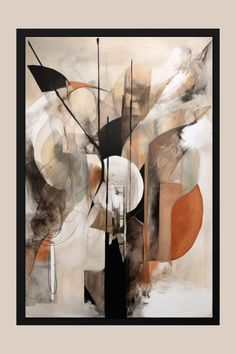 an abstract painting with black, white and orange colors on the bottom half of it