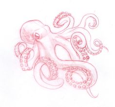 an octopus drawn in red pencil on white paper