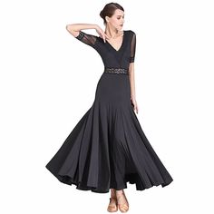 Womens Pleated Maxi V Neck Sheer Sleeve Ballroom Dress with Belt – DANCEYM Maxi Pleated Dress, Black Stretch V-neck Evening Dress, Fitted Maxi-length V-neck Dress For Gala, Stretch V-neck Evening Dress For Gala, Black Stretch Dress For Ballroom, Elegant Floor-length Ballroom Evening Dress, Ballroom Practice Wear, Ballroom Dance Dresses Waltz, Waltz Dresses