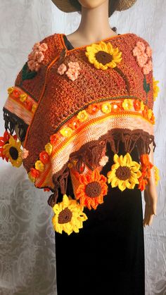 Sunflower Shawl Sunflower Shawl, Yellow And Orange Flowers, Soft Crochet, Yellow Sunflowers, Cozy Accessories, Crochet Shawls, Crochet Fabric, Crochet Design, Yellow Sunflower