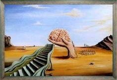 a painting with stairs leading up to a tree and a brain on it's head