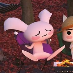 two cartoon characters sitting around a campfire in the woods, one with a hat on