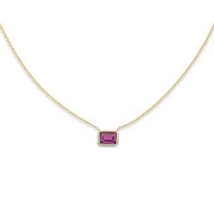 Material: 14k solid yellow gold (Not gold plated or gold filled) Main Stone: Rhodolite Main Stone Shape: Emerald (Rectangle) Stone Size: 7 mm x 5 mm Chain Length: 18 Inch @ 16 Inches (Loop Included) How our jewelry is made: We start each piece of jewelry by carefully sorting through hundreds of gems to find the best looking and internally cleanest gemstone that we have. Once the gem is selected we touch up some of the faceting to ensure that the gem will look fabulous once it is set. Our setting process is what makes us different than most other jewelers. Rather than burying our gem in a chunk of metal we carefully wrap it in a form fitted gold wire. Once the gold is shaped we solder it in place around the gem. This is a tricky thing to do because there is a chance that the gem will break. Single Gem Necklace, Rectangular Faceted Yellow Gold Jewelry, Gold Faceted Rectangular Necklace, Gold Rectangular Faceted Necklace, Yellow Gold Rectangular Gemstone Necklace, Rectangular Gemstone Necklace In Yellow Gold, Rectangular Yellow Gold Gemstone Necklace, Yellow Gold Necklace With Rectangular Birthstone, Yellow Gold Rectangular Birthstone Jewelry