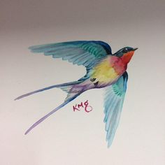 a watercolor painting of a colorful bird flying