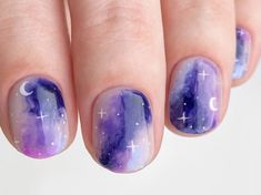 Blooming Gel Galaxy Nails, Galaxy Nail Tutorial, Pastel Galaxy Nails, Cosmic Nail Art, Galaxy Acrylic Nails, Cosmos Nails, Gel Short Nail Designs, Space Themed Nails, French Manicure Long Nails