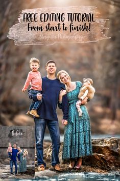 a family posing for a photo with the words free editing from start to finish above them