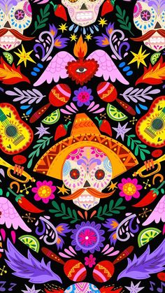 an image of a colorful mexican pattern with skulls and flowers on black background for wallpaper or fabric