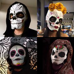 four different images of people with painted skulls on their faces, one wearing a hood and the other as a mask