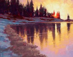 an oil painting of trees and water at sunset