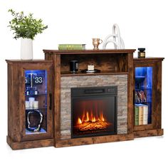 an entertainment center with a fireplace and bookshelf