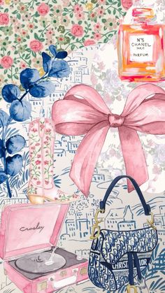 an illustration of a purse, perfume bottle and other items on a floral tablecloth