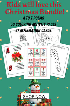 the christmas activity pack for kids to color and print is shown with text that reads,