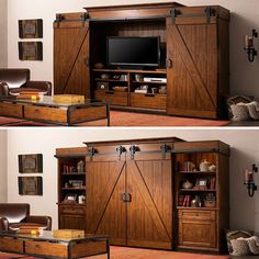 an entertainment center made out of wood with sliding doors on the front and back sides