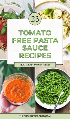 collage of green, red and pesto pasta in bowls with text, twenty three tomato free pasta sauce recipes, quick, easy dinner ideas. Dairy Free Tomato Free Pasta Sauce