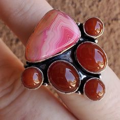 Brand New Handmade Ethnic Stunning Botswana Agate And Multi Carnelian Silver Statement Ring. Size 7 - 7.25 925 Stamped Unique Cabochon Gemstones, Agate Cabochon Jewelry, Handmade Carnelian Ring, Botswana Agate, Statement Ring Silver, Ring Color, 925 Silver Ring, Botswana, 925 Silver Rings