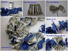 dollar bill origami flowers and ribbons made out of rolled up bills, with instructions for how to fold them