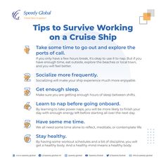 a poster with the words tips to survive working on a cruise ship and how to use it