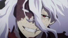 an anime character with long white hair and red eyes looking at the camera while smiling