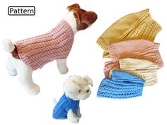 a small dog wearing a sweater next to several knitted blankets on a white background