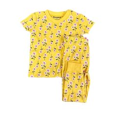 Yellow Flowers Shortsleeve Pajamas Casual Bedtime Sets For Spring, Casual Spring Bedtime Sets, Spring Printed Sets For Sleepovers, Printed Sets For Spring Sleepover, Printed Sets For Spring Sleepovers, Spring Printed Sleepover Sets, Printed Sleepwear For Spring Loungewear, Cotton Printed Pajama Shorts For Sleepover, Casual Spring Sets For Sleepover