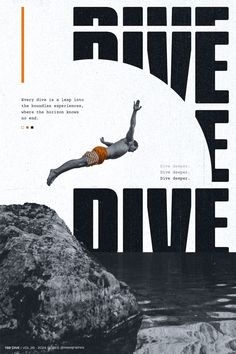 a man diving into the water from a cliff with words above him that read, save the dive