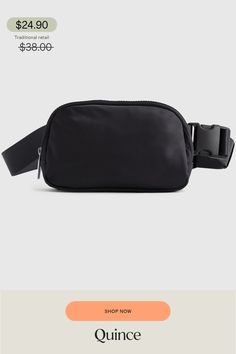 Here’s a unique way to bottle up waste. We transformed 4 plastic bottles into a super functional (and totally stylish) belt bag. Whether you're going for a walk, running errands, or attending a music festival, our Revive Nylon Belt Bag is the ideal accessory to keep your hands free and your belongings secure. Our premium, silky smooth nylon is ultra-durable, water-resistant, and lightweight, making it perfect for daily use.  | Quince | Women's Revive Nylon Belt Bag in Black Functional Nylon Belt Bag For On-the-go, Functional Nylon Bags With Removable Belt, Sporty Nylon Belt Bag For On-the-go, Modern Black Belt Bag For Commuting, Functional Black Belt Bag For On-the-go, Modern Black Bag With Water Bottle Pocket, Black Nylon Belt Bag For On-the-go, Black Belt Bag With Removable Pouch For Commuting, Black Nylon Belt Bag With Functional Pockets