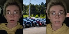 a woman with glasses is making a funny face in front of several parked cars on the street