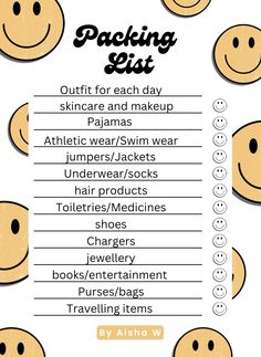 the packing list is shown with smiley faces and words on it, which are also in black