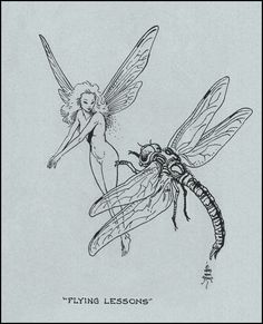 a drawing of two bugs and a fairy sitting on top of each other, with the words flying lessons written below