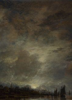 an oil painting of boats on the water at night with dark clouds in the sky