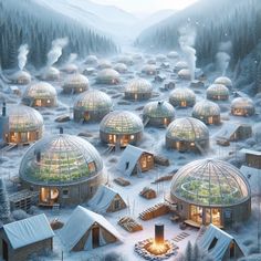 an artist's rendering of a snow - covered village surrounded by trees and buildings