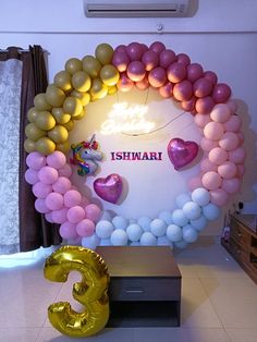 balloons are arranged in the shape of letters and numbers, along with an arch that reads ishwari