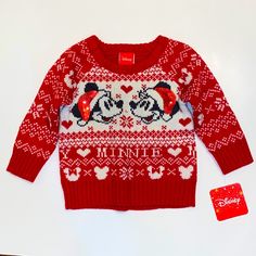 Nwt Disney Unisex Sweater Mickey And Minnie Christmas Sweater Sequin Santa Hats Red And White 100% Acrylic Sweater Size 12m Disney Holiday Tops For Winter, Disney Style Holiday Tops For Winter, Playful Mickey Mouse Winter Tops, Playful Mickey Mouse Winter Top, Playful Mickey Mouse Top For Winter, Disney Christmas Sweater, Baby Boy Disney, Nightmare Before Christmas Sweater, Mickey And Minnie Christmas