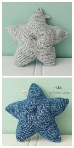 two pictures showing the same blue starfish pillow and one is made out of knitted yarn