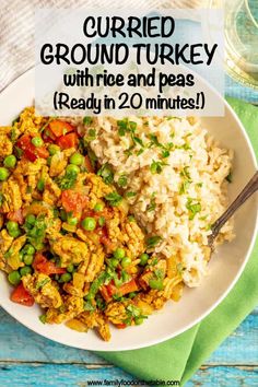 a white plate topped with rice and peas