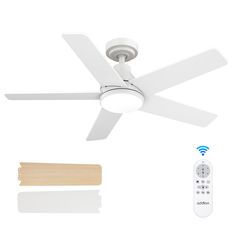 a white ceiling fan with remote control next to it's light and wood blades