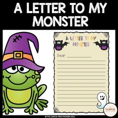 a letter to my monster with a green frog and purple witch hat on it's head