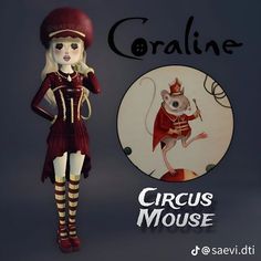 a small doll with a red hat and striped tights is posed in front of the caption, circus mouse