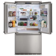 an open refrigerator with its door wide open and full of food, drinks and condiments