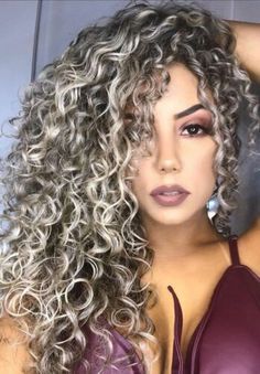 Frosted Hair, Grey Curly Hair, Highlights Curly Hair, Blonde Curly Hair, Colored Curly Hair, Curly Hair With Bangs, Long Curly Hair, Curly Wigs, Long Curly