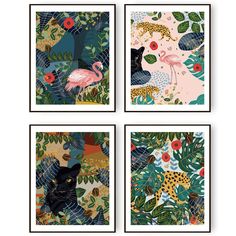 PRICES MAY VARY. DESIGN THINKING - This is a Jungle animals wall art set of 4. Design elements with tropical plant leaves, flamingo, leopard, tiger, panther, palm leaves, flowers. vibrant animals modern art. makes your home decor combined into a harmonic set of wall art themed home decor. HIGHT QUALITY PRINTING - The poster is printed on canvas, it is a kind of better material for the poster, it is bright colors, soft texture, hight toughness, anti-wrinkle, fade-resistant feature and use waterpr Forest Prints, Leaf Poster, Picture Room Decor, Flowers Canvas, Poster Wall Decor, Jungle Animal, Retro Theme, Wall Picture, Eid Al Adha