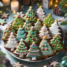 decorated christmas cookies on a platter with candles