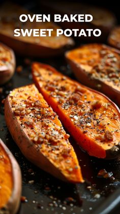 baked sweet potatoes on a baking sheet with text overlay