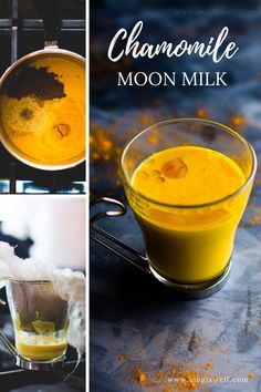 collage of photos showing how to make chamomile moon milk in the blender